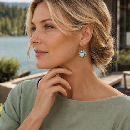 Blue Opal Style Cluster Drop Earrings – Gold Tone Leverback