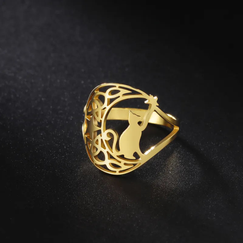 Cute Kitten Star Stainless Steel Ring