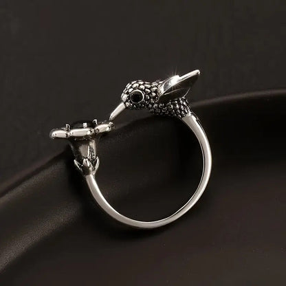 Hummingbird & Flower Ring Adjustable Open Bird Ring