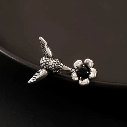 Hummingbird & Flower Ring Adjustable Open Bird Ring