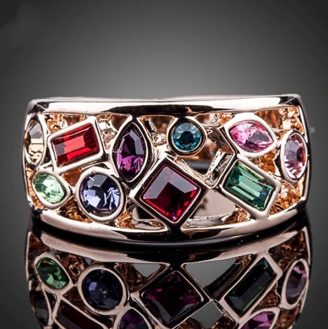 Vintage Colorful Crystals Rose Ring-Lydieannejewelry