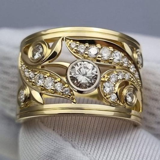 Vintage Hollow Ivy Zirconia Gold Ring-Lydieannejewelry