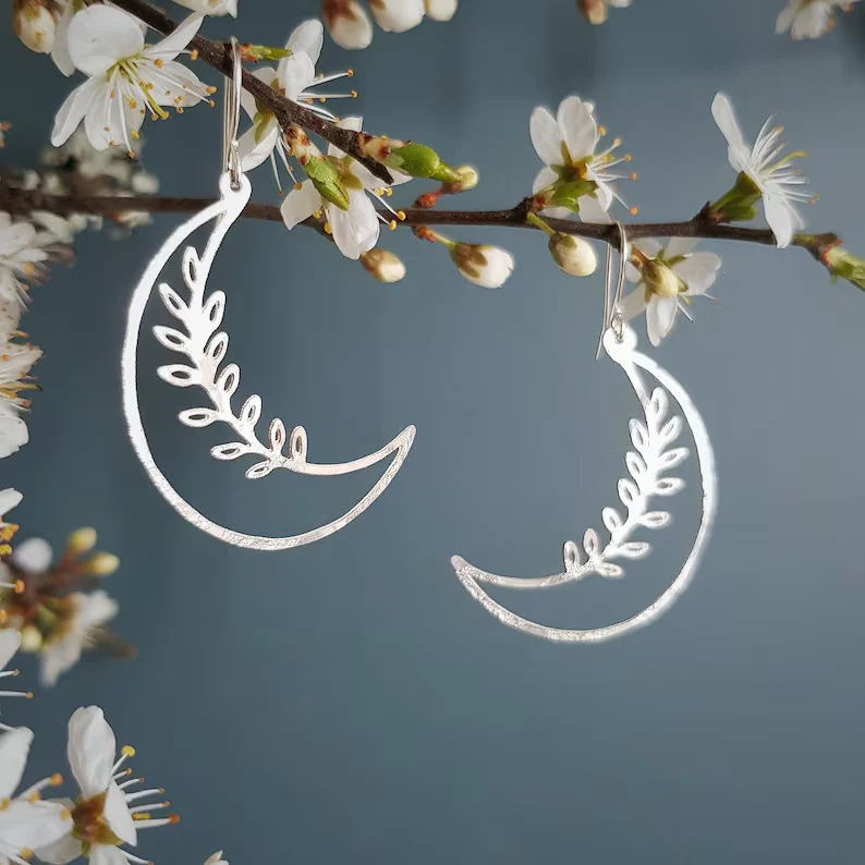 Vintage Moon Leaf Silver Earrings-Lydieannejewelry