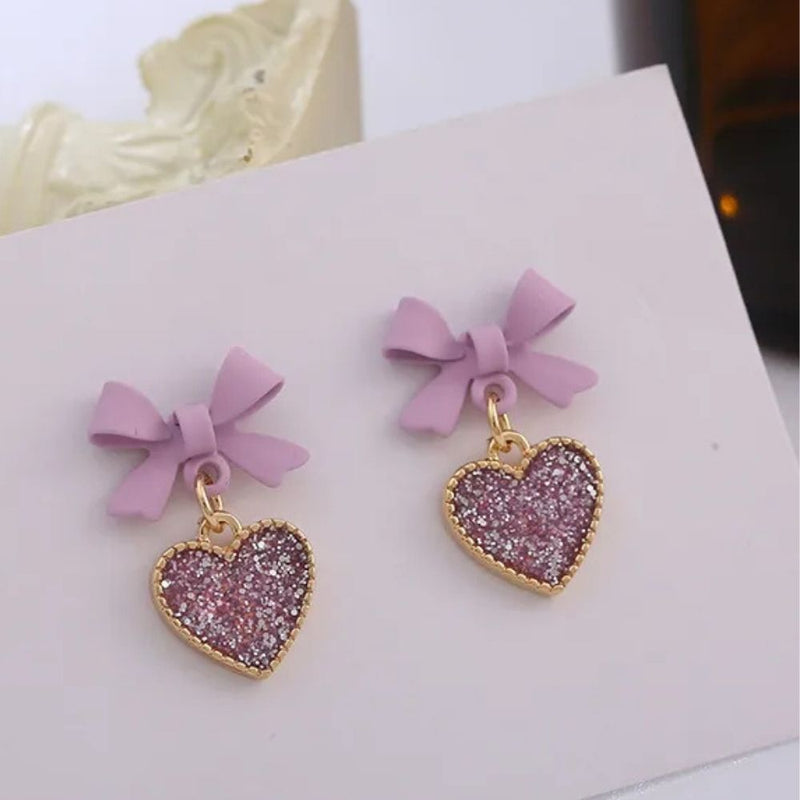 Purple Bow Heart Sequin Clip-On Earrings