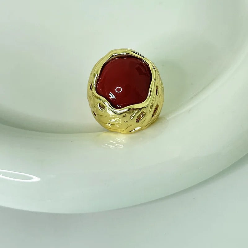 Vintage Textured Gold & Red Stone Adjustable Ring-Lydieannejewelry