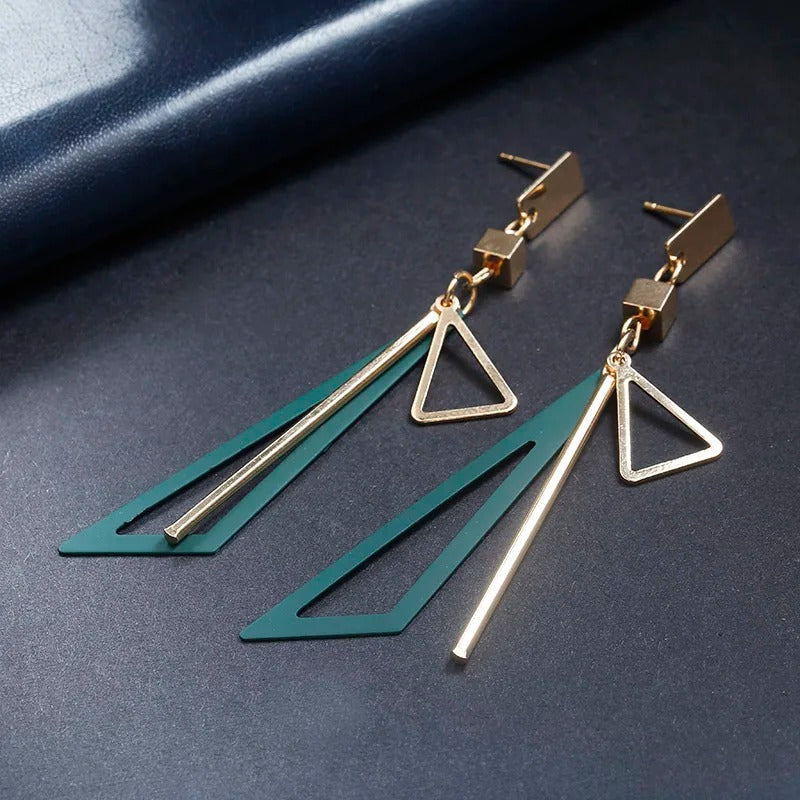 Vintage Gold Green Triangle Bar Drop Earrings-Lydieannejewelry