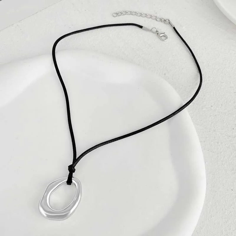 Silver Abstract Shape Pendant & Black Cord Necklace-Lydieannejewelry