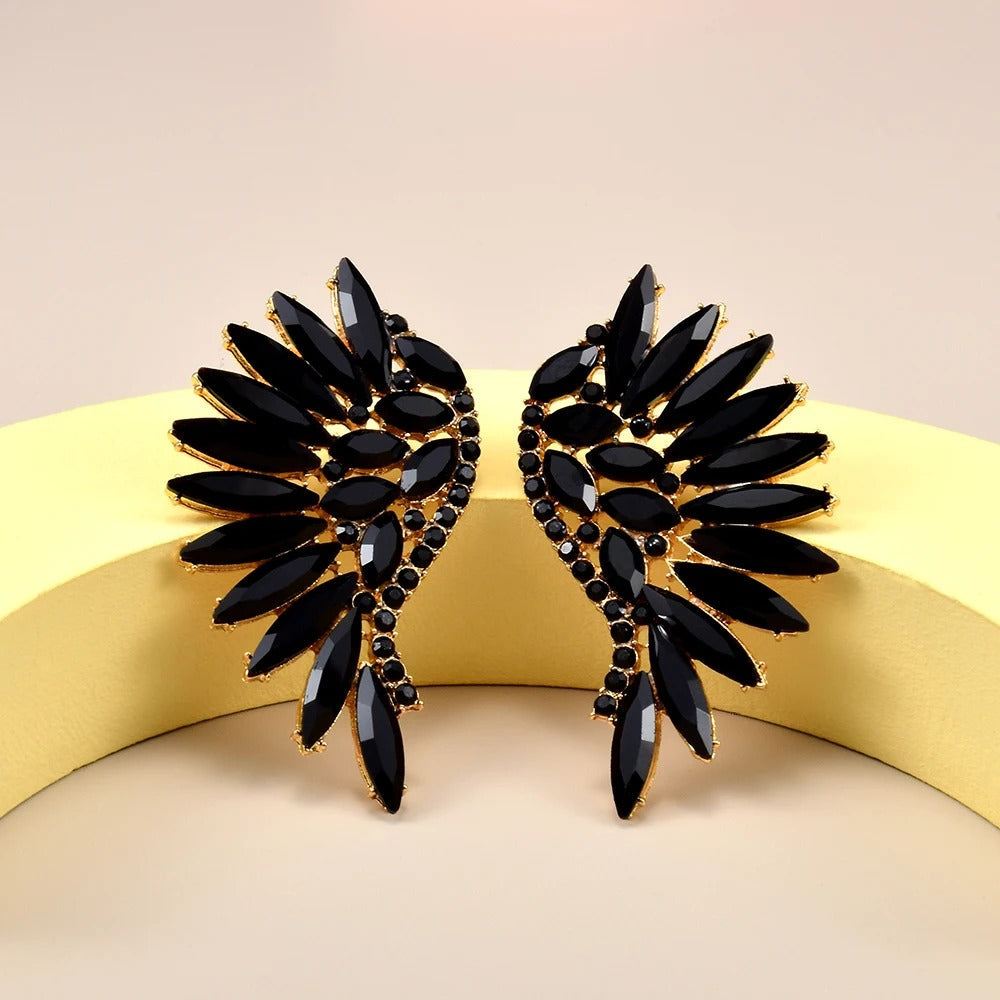 Vintage Black Wing Crystal Gold Earrings-Lydieannejewelry