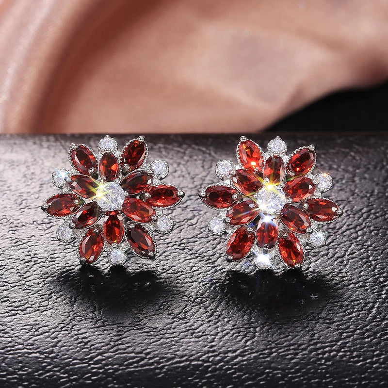 Red Petal Flower Crystal Earrings-Lydieannejewelry