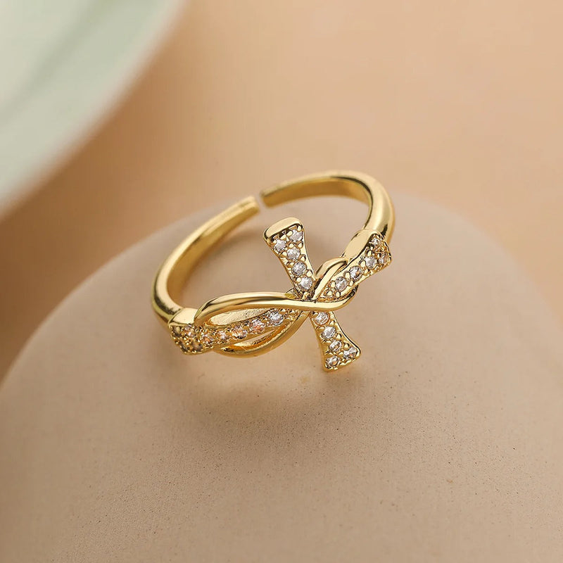 Gold Twisted Cross Resizable Ring-Lydieannejewelry