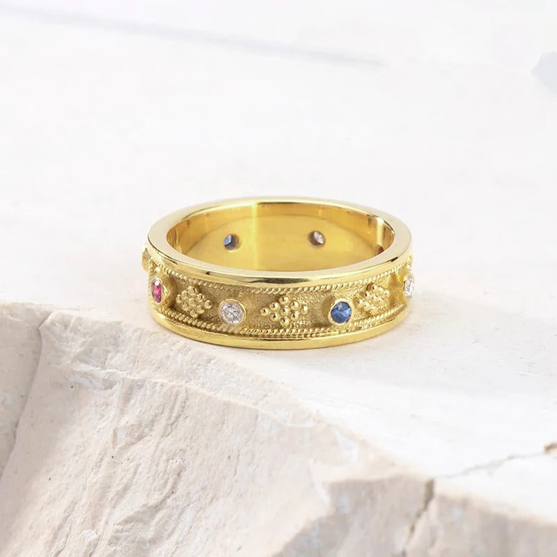 Vintage Gold Colorful Stone Band Ring-Lydieannejewelry