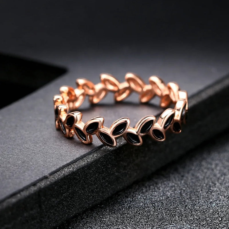Rose Gold Leaf Motif & Black Accent Ring-Lydieannejewelry