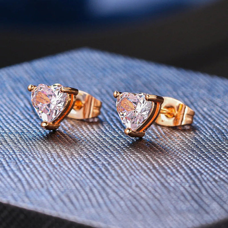 Vintage Rose Gold Heart-Shaped Crystal Earrings-Lydieannejewelry