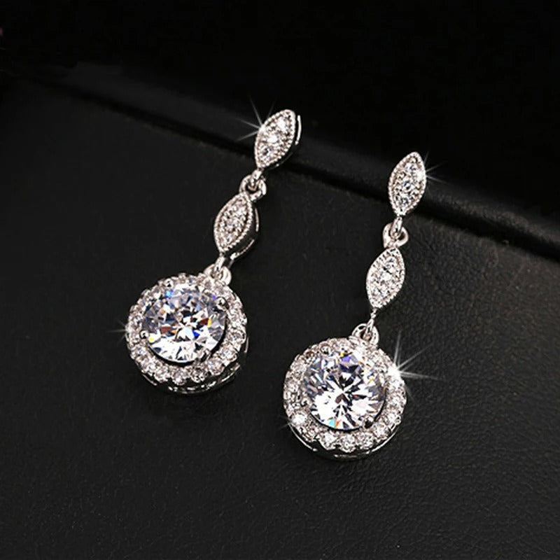 Vintage Silver Sparkling Round Crystal & Leaf Design Earrings-Lydieannejewelry