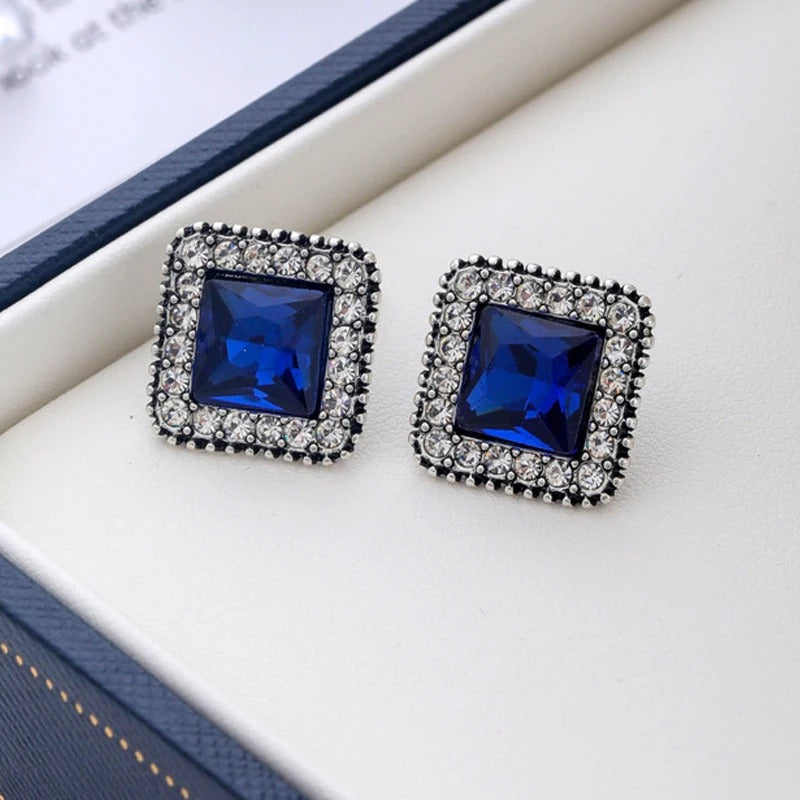Silver Blue Crystal Square Earrings-Lydieannejewelry