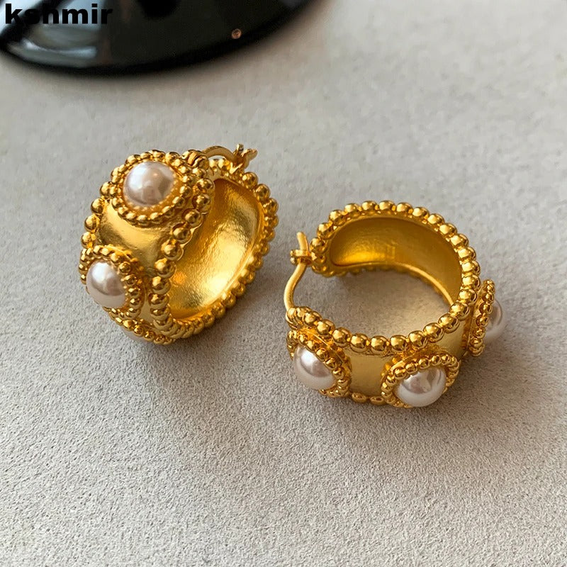 Gold Hoop Pearl Beaded Vintage Earrings-Lydieannejewelry