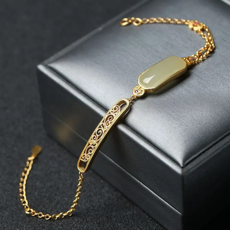Classic Gold Green Gem & Floral Filigree Accent Bracelet-Lydieannejewelry