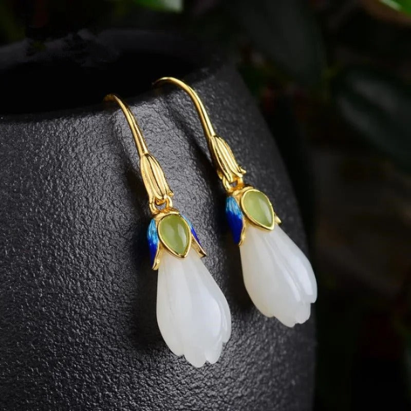 Classic Gold & White Flower Green Stone Dangle Earrings-Lydieannejewelry