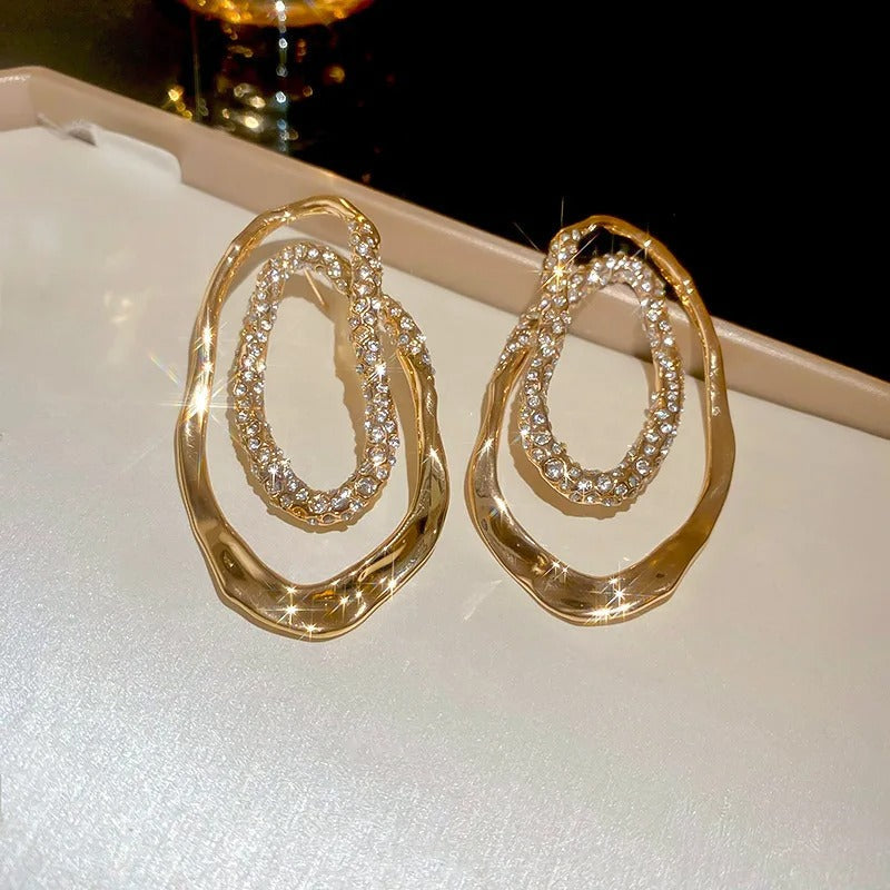 Vintage Gold Sparkling Crystal-Studded Oval Frame Earrings-Lydieannejewelry
