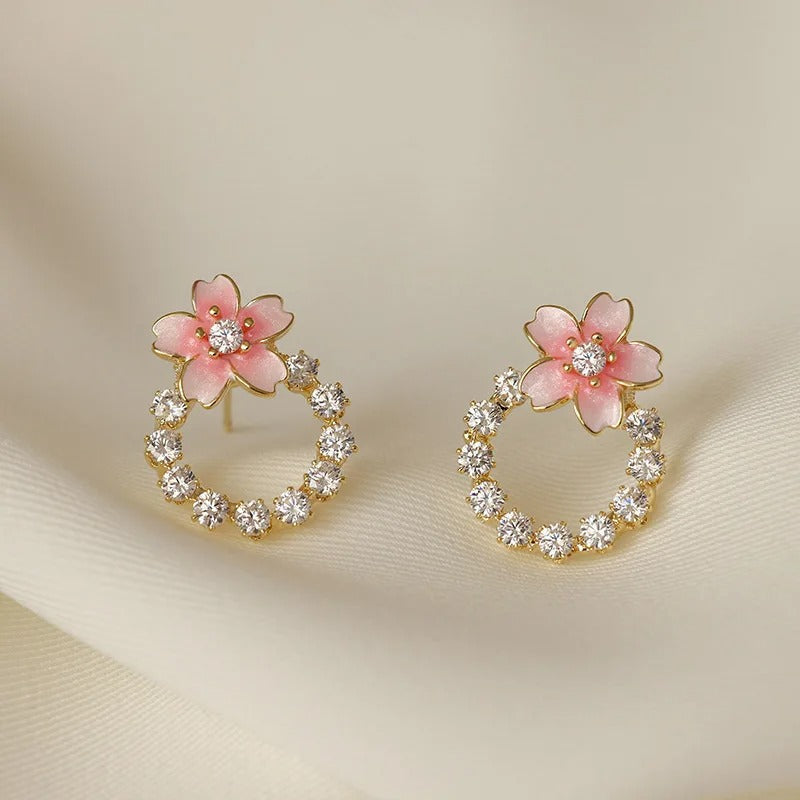 Gold Pink Flower Stud Earrings-Lydieannejewelry