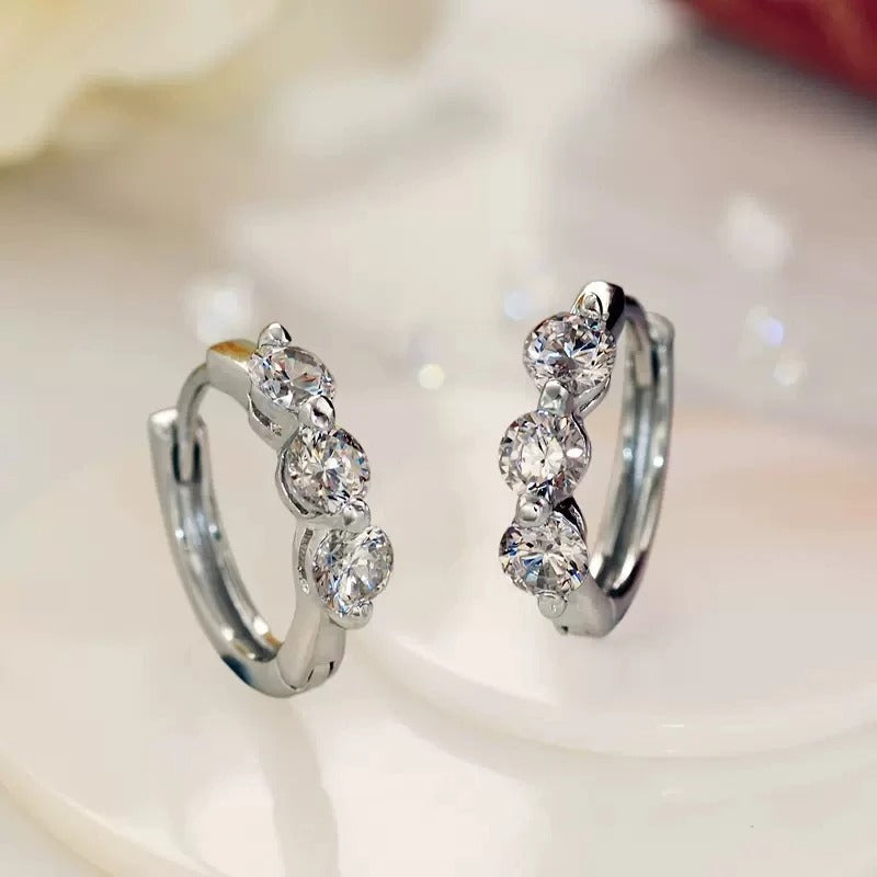 Silver Round Stone Hoop Earrings-Lydieannejewelry