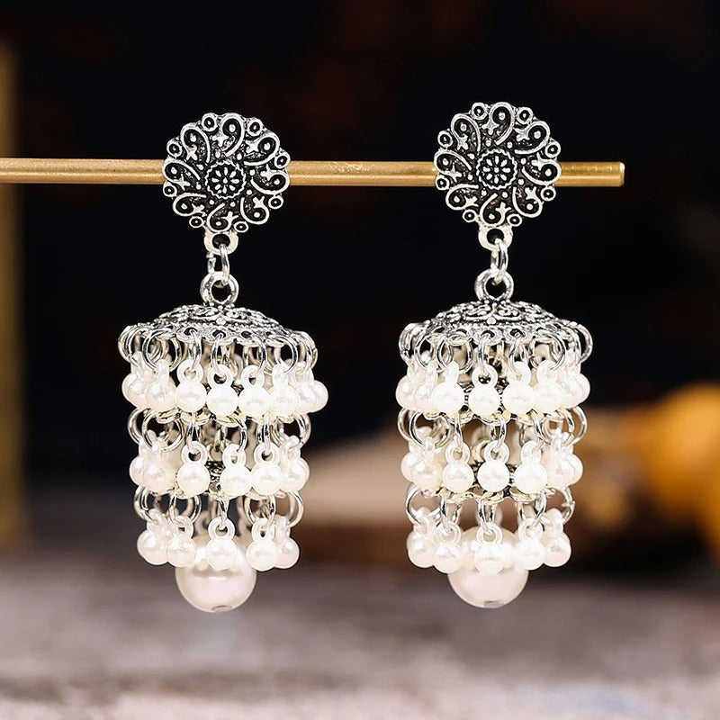 Vintage Silver Layered Pearl Drop Earring-Lydieannejewelry