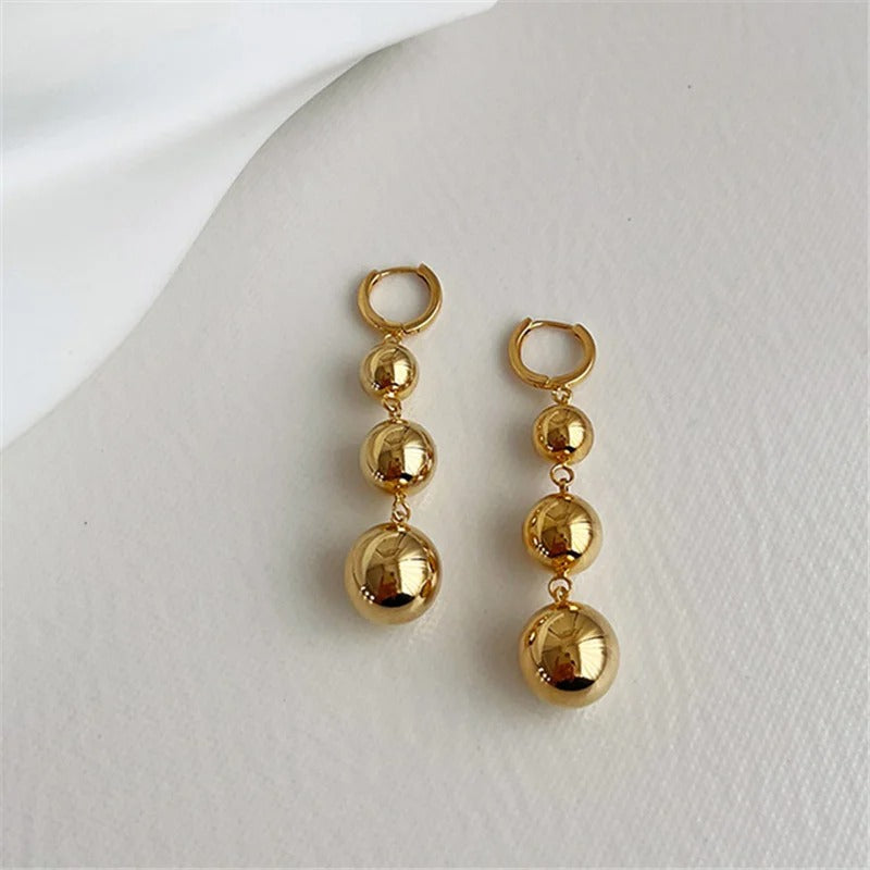 Gold Shiny Triple Ball Dangle Earrings-Lydieannejewelry