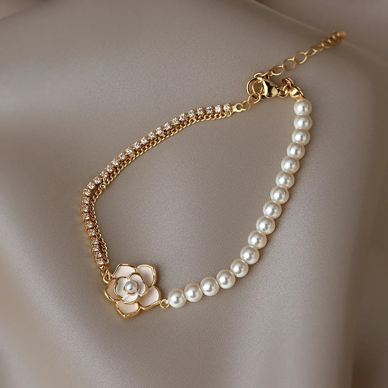 Vintage Pearl & Gold Floral Bracelet-Lydieannejewelry
