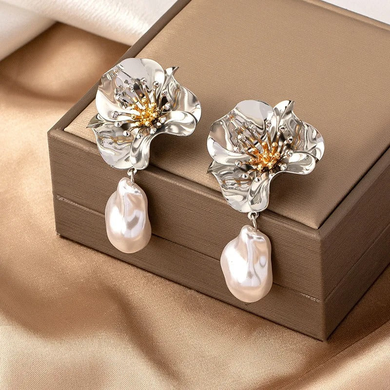 Vintage Silver Flower Pearl Drop Earrings-Lydieannejewelry