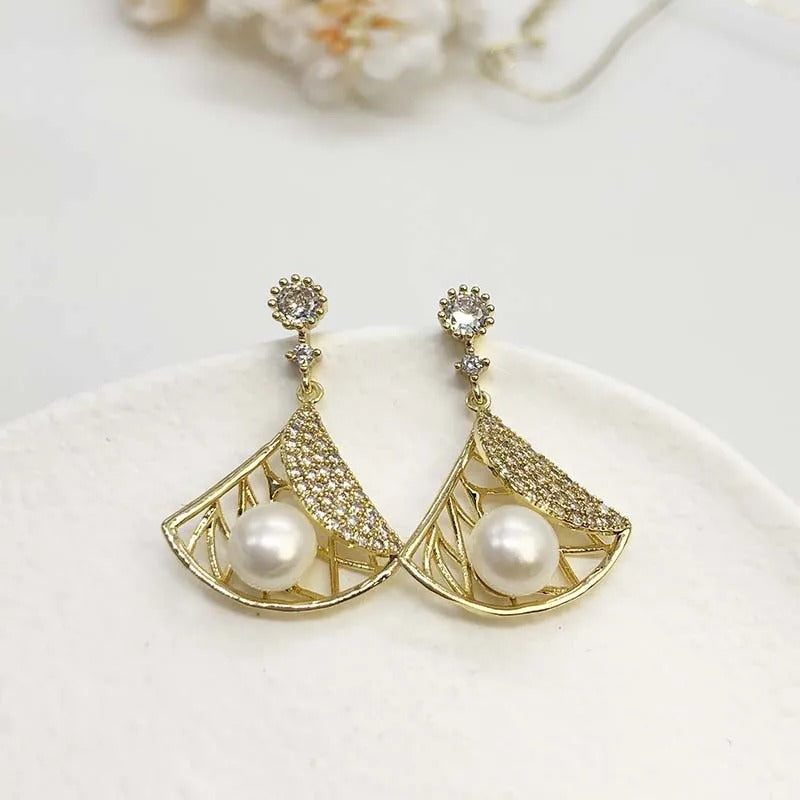 Gold Pearl & Crystal Dangle Earrings-Lydieannejewelry
