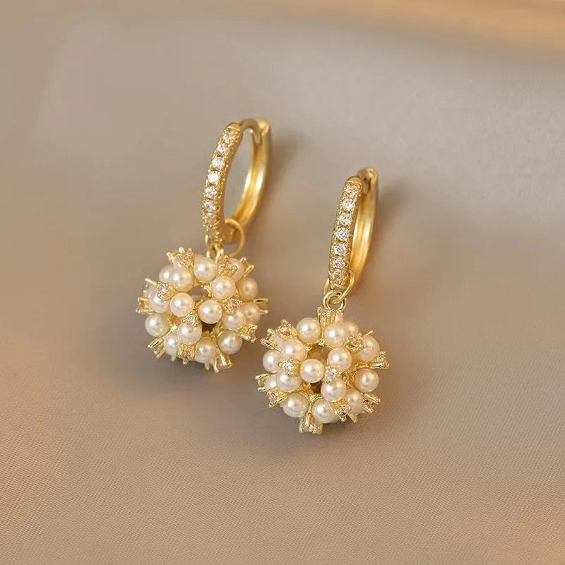 Gold Pearl Cluster Hoop Earrings-Lydieannejewelry