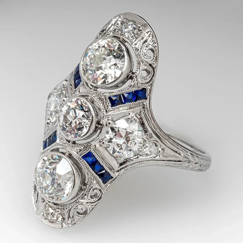 Vintage White Gold Blue & White Ring-Lydieannejewelry