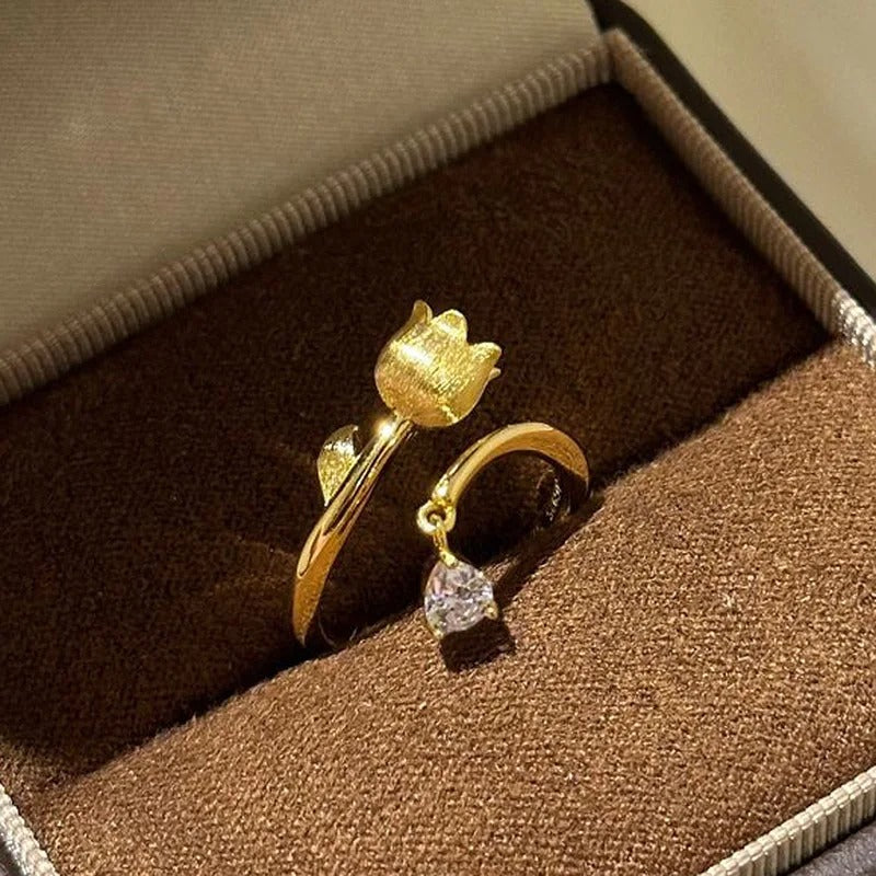 Classic Gold & Lily-Shaped Diamond Accent Adjustable Ring-Lydieannejewelry