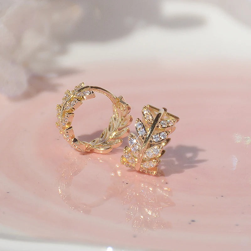 Gold & Shiny Crystal Leaf Hoop Earrings-Lydieannejewelry