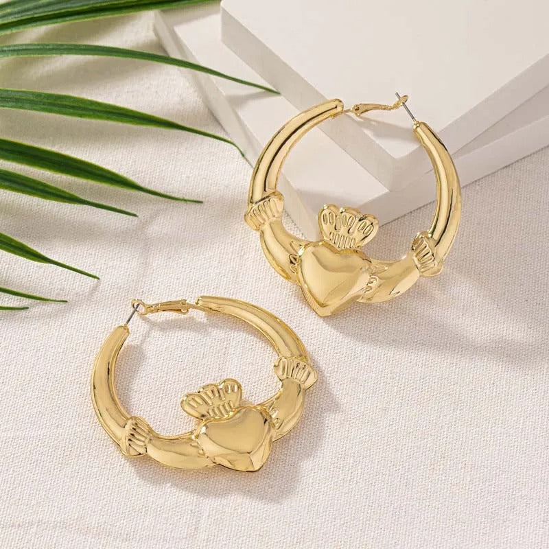 Gold Heart-Shaped Winged Hoop Earrings-Lydieannejewelry