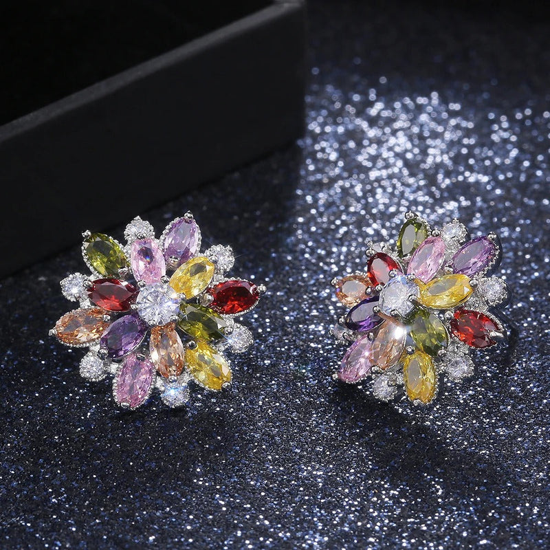 Silver Vintage Multi-Color Flower Earrings-Lydieannejewelry