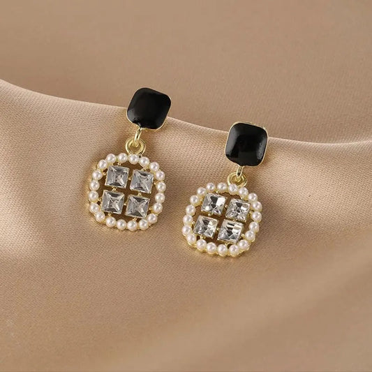 Pearl & Crystal Circle Square Dangle Earrings-Lydieannejewelry