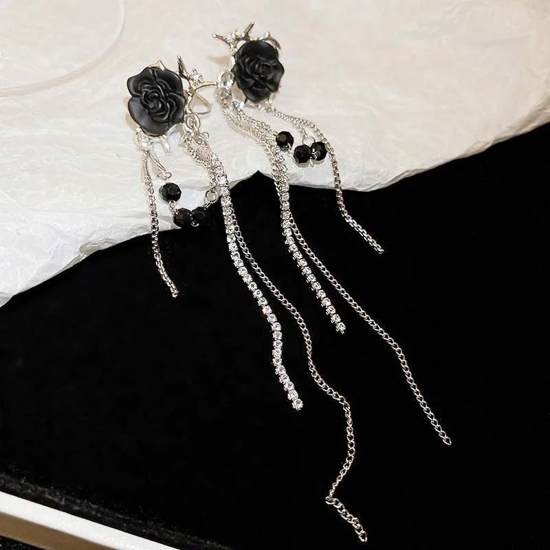 Silver Black Rose & Hanging Crystal Chains Earrings-Lydieannejewelry