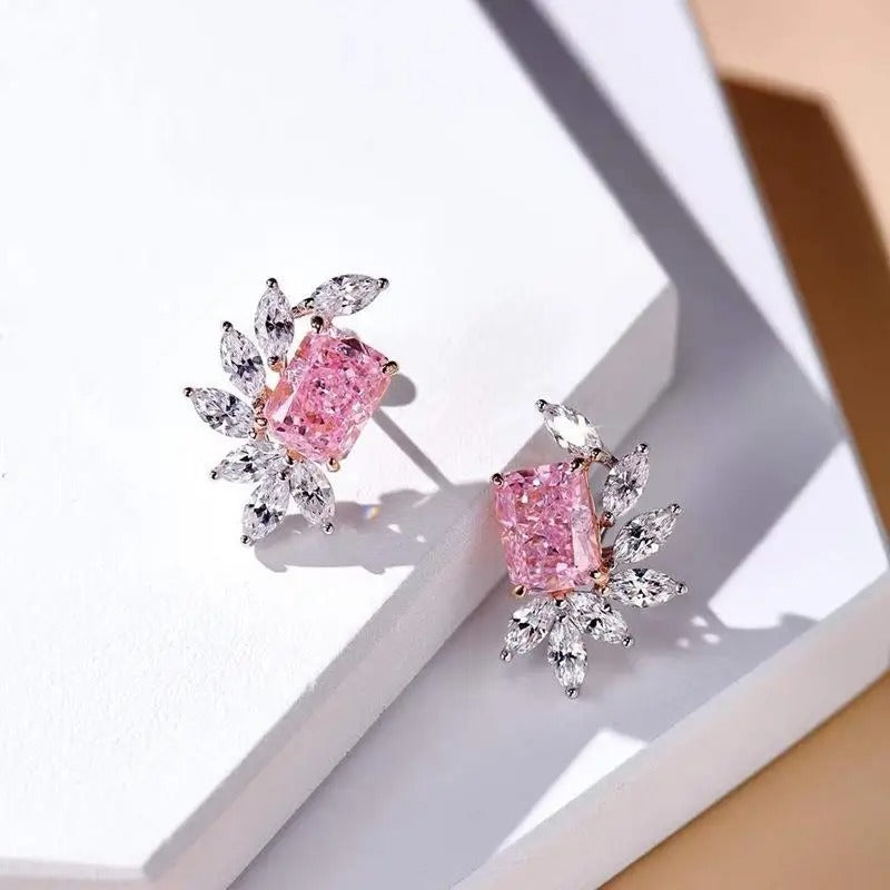Pink & White Gemstone Floral Earrings-Lydieannejewelry