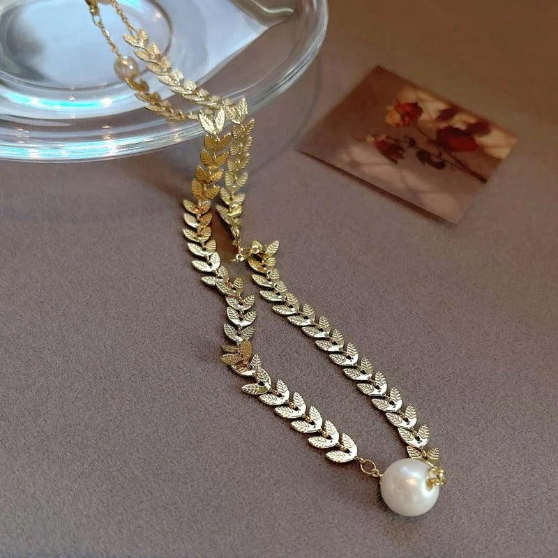 Gold Large Pearl Pendant & Leaf Pattern Necklace-Lydieannejewelry