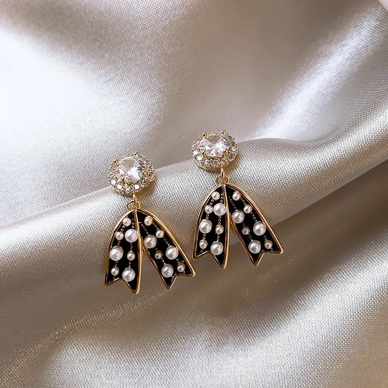 Vintage Black Bow Pearl Pendant Earrings-Lydieannejewelry