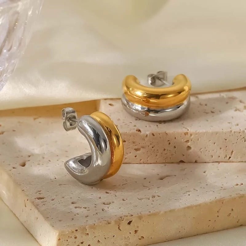 Vintage Gold & Silver Curved Hoop Earrings-Lydieannejewelry