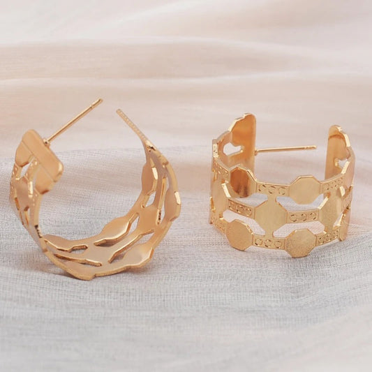 Gold Wide C-Shaped Dangle Earrings-Lydieannejewelry
