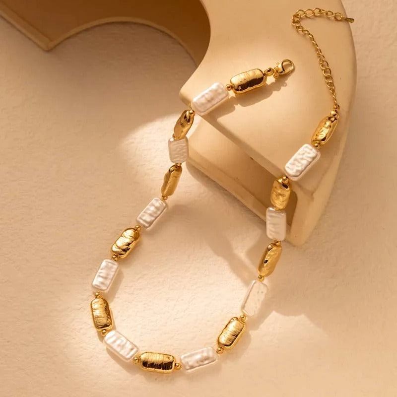 Vintage Gold & White Rectangular Bead Pearl Necklace-Lydieannejewelry