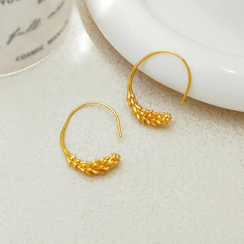 Gold Wheat Leaf Hoop Earrings-Lydieannejewelry