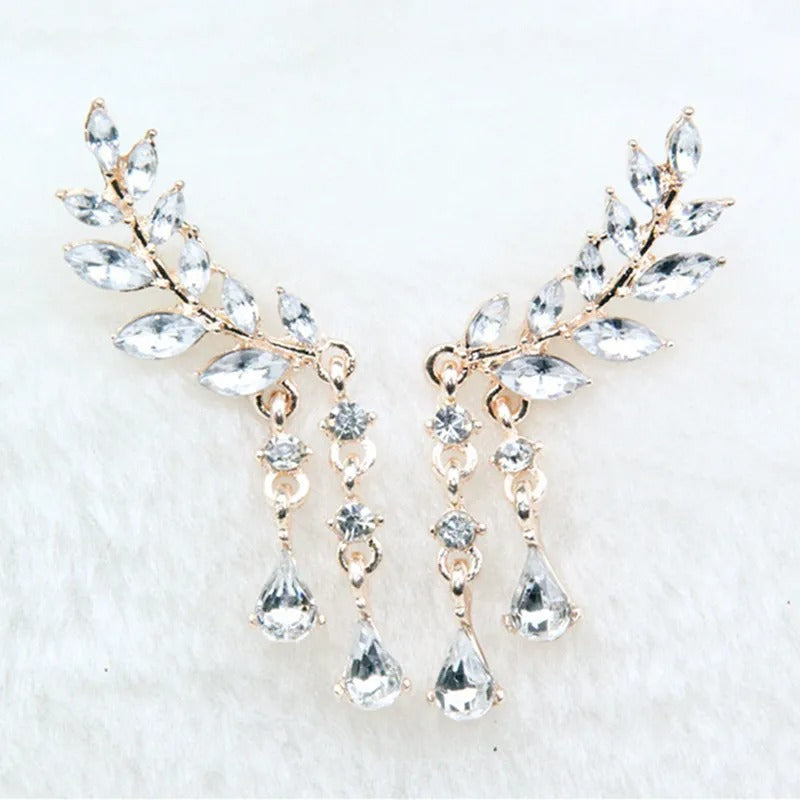 Gold Crystal Leaf Tassel Dangle Earrings-Lydieannejewelry