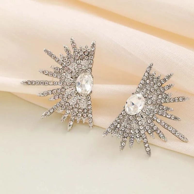 Silver Crystal Oval Stone Starburst Earrings-Lydieannejewelry