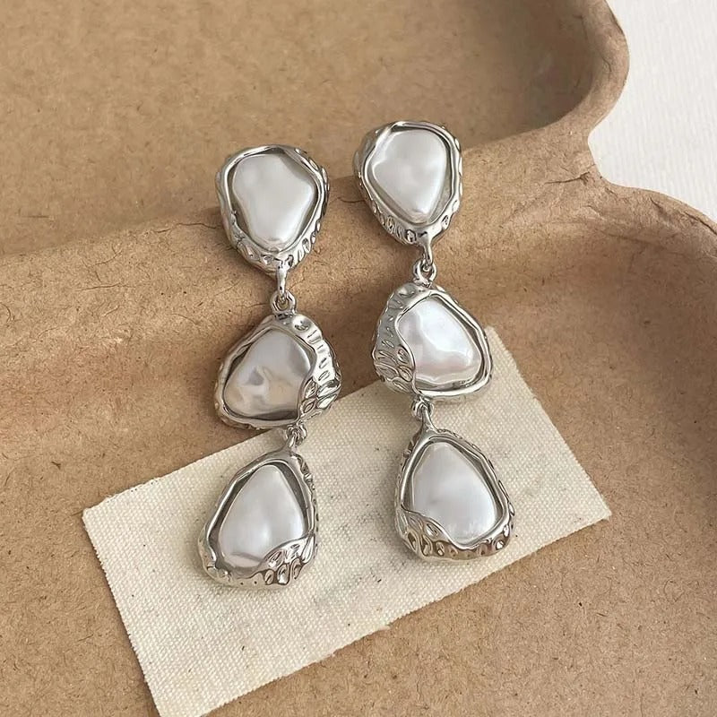 Silver Triangular Shaped Pearl Drop Earrings-Lydieannejewelry