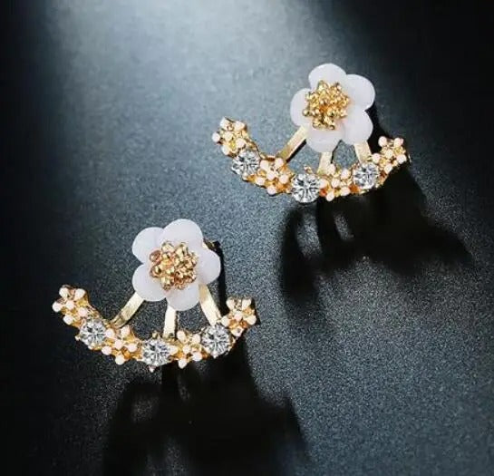 Vintage Gold Floral Crystal Drop Earrings-Lydieannejewelry