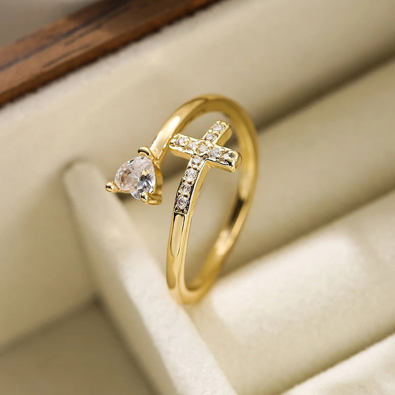 Gold Sparkling Heart Cross Resizable Ring-Lydieannejewelry